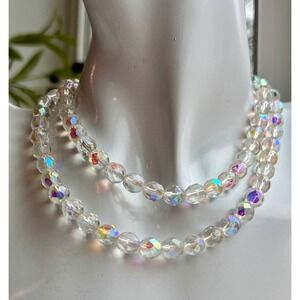 Vintage Aurora Borealis AB Crystal Glass Bead Necklace Double Strand